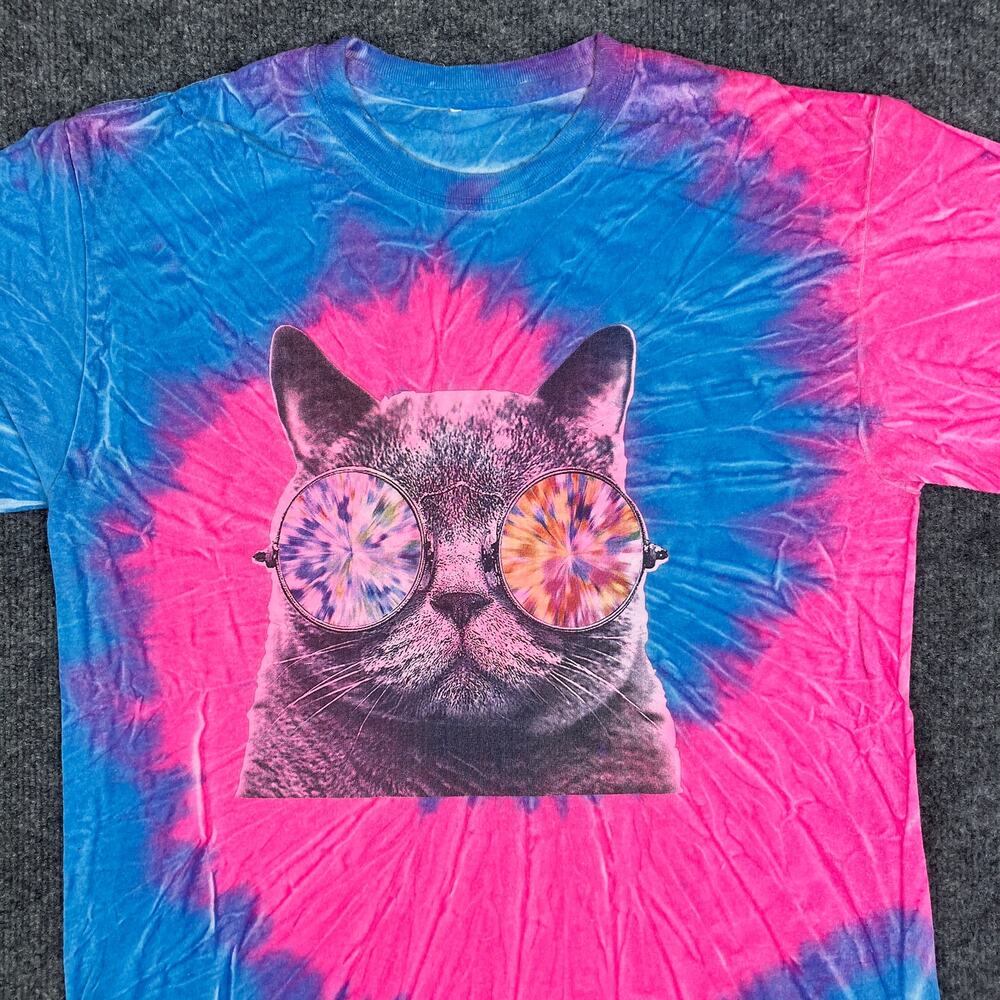 Tie-Dye T-Shirt Mens Size M Pink Blue Cat Sunglasses Graphic Hippie Tee